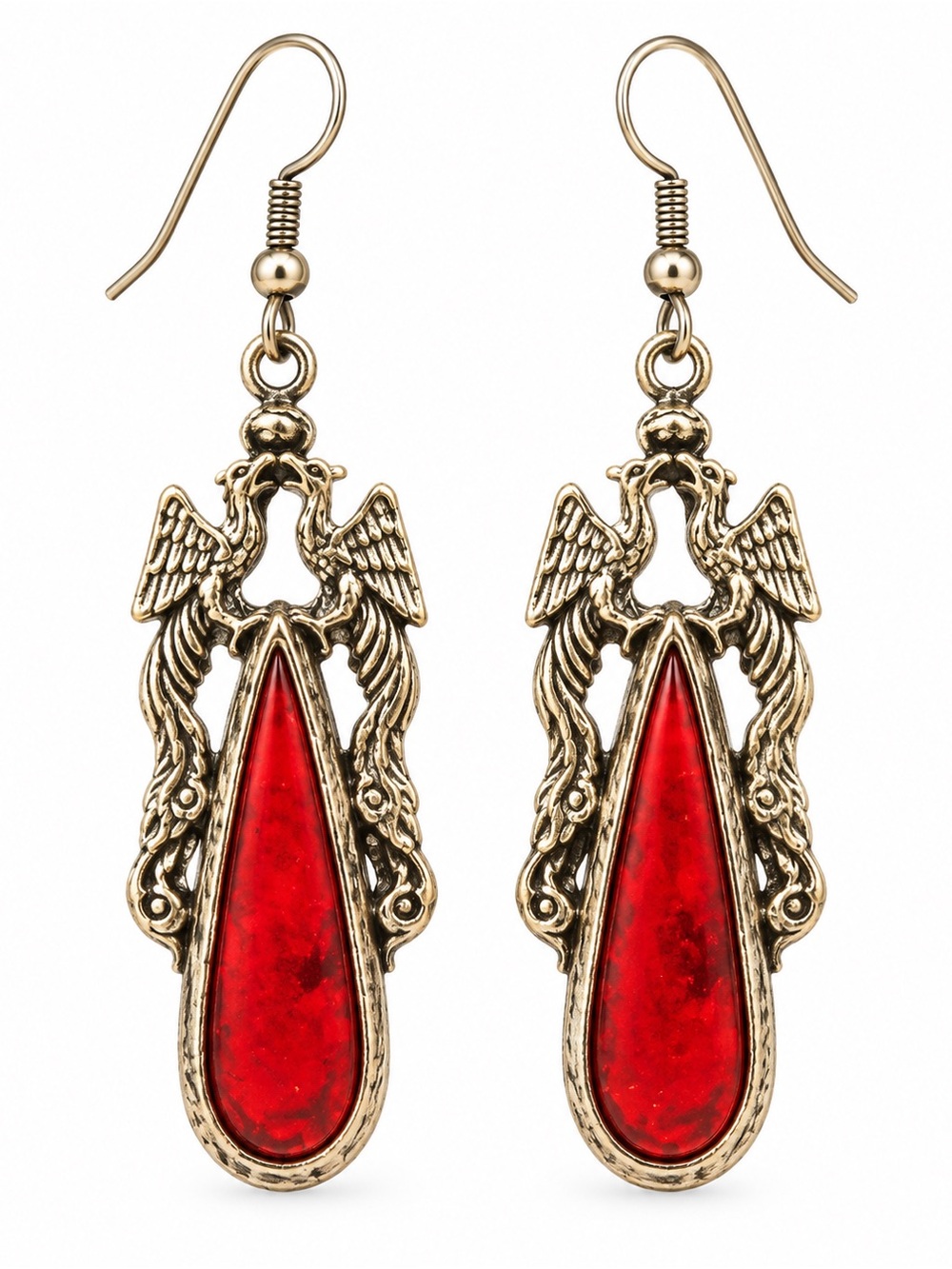 Pewter and Red Gothic Bird Dragon Design Earrings Dangle Drop Fashion Jewelry